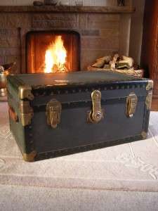   VINTAGE GREEN STEAMER TRUNK BLANKET BOX ~ CHEST COFFEE TABLE  