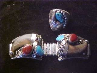 Vintage Sterling Silver Watch Band Ends~Turquoise~Coral~Signed  