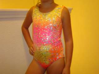 New girls gymnastic leotard orange/yellow/pink with metallic silver 