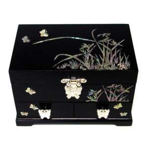   Pearl Inlay Orchid Flower Design Asian Black Wood Jewelry Treasure Box